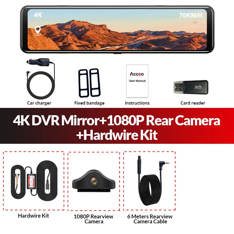 ConnectDrive Spiegel Dashcam 4K GPS — 12 Zoll, Dual-Kamera 6 m oder 10 m
