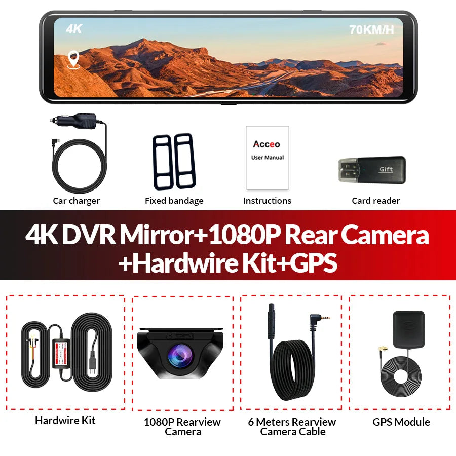 ConnectDrive Spiegel Dashcam 4K GPS — 12 Zoll, Dual-Kamera 6 m oder 10 m