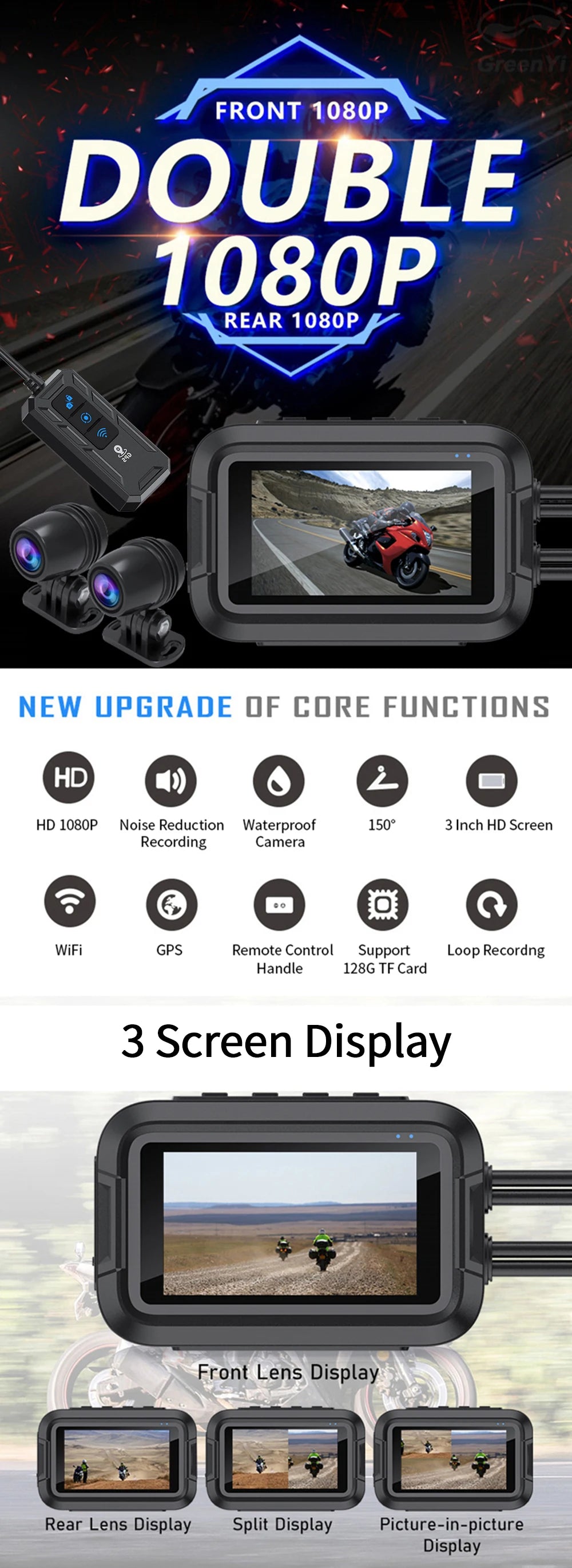 ConnectDrive Motorrad Dashcam Dual 1080P — WiFi, optional GPS, wasserdicht