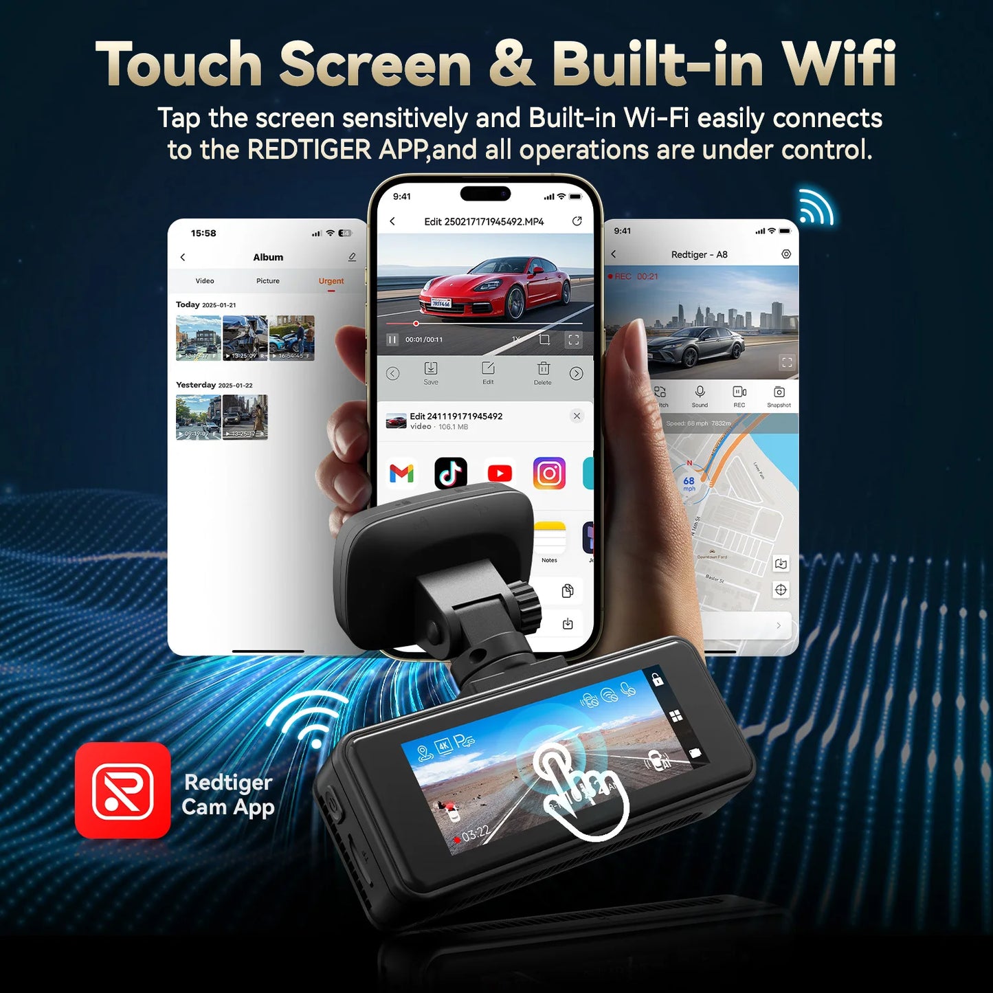 Dashcam 4K mit 5,8 GHz WiFi und Touchscreen GPS — ConnectDrive D4 Swift