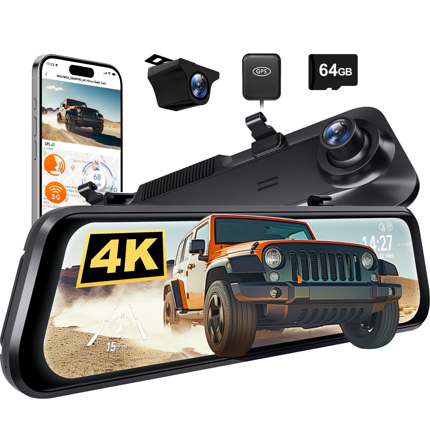 ConnectDrive Spiegel Dashcam 4K mit ADAS und BSD — 12 Zoll, 5,8-GHz-WLAN, GPS