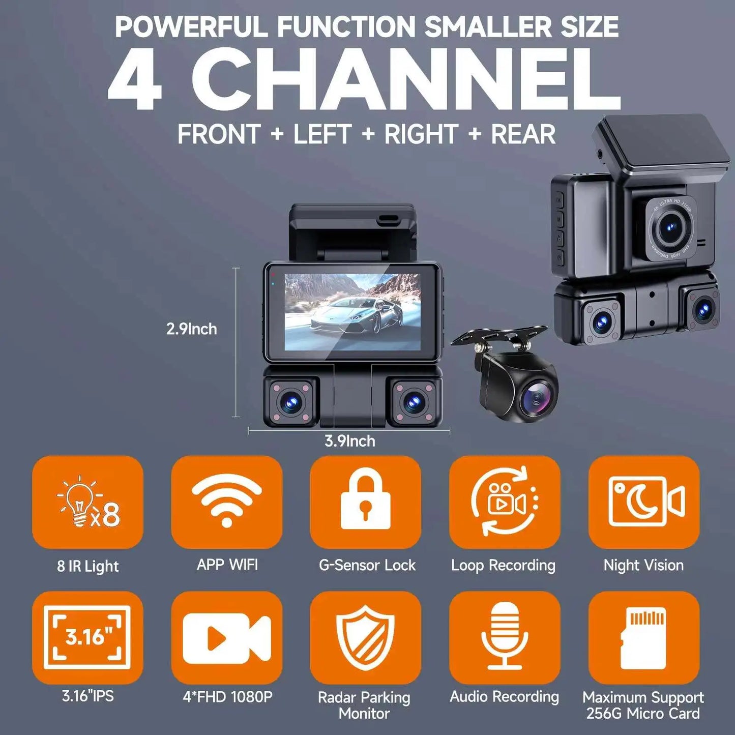 ConnectDrive 360°-Dashcam 4K 4-Kanal mit GPS — Front, Heck, Links und Rechts