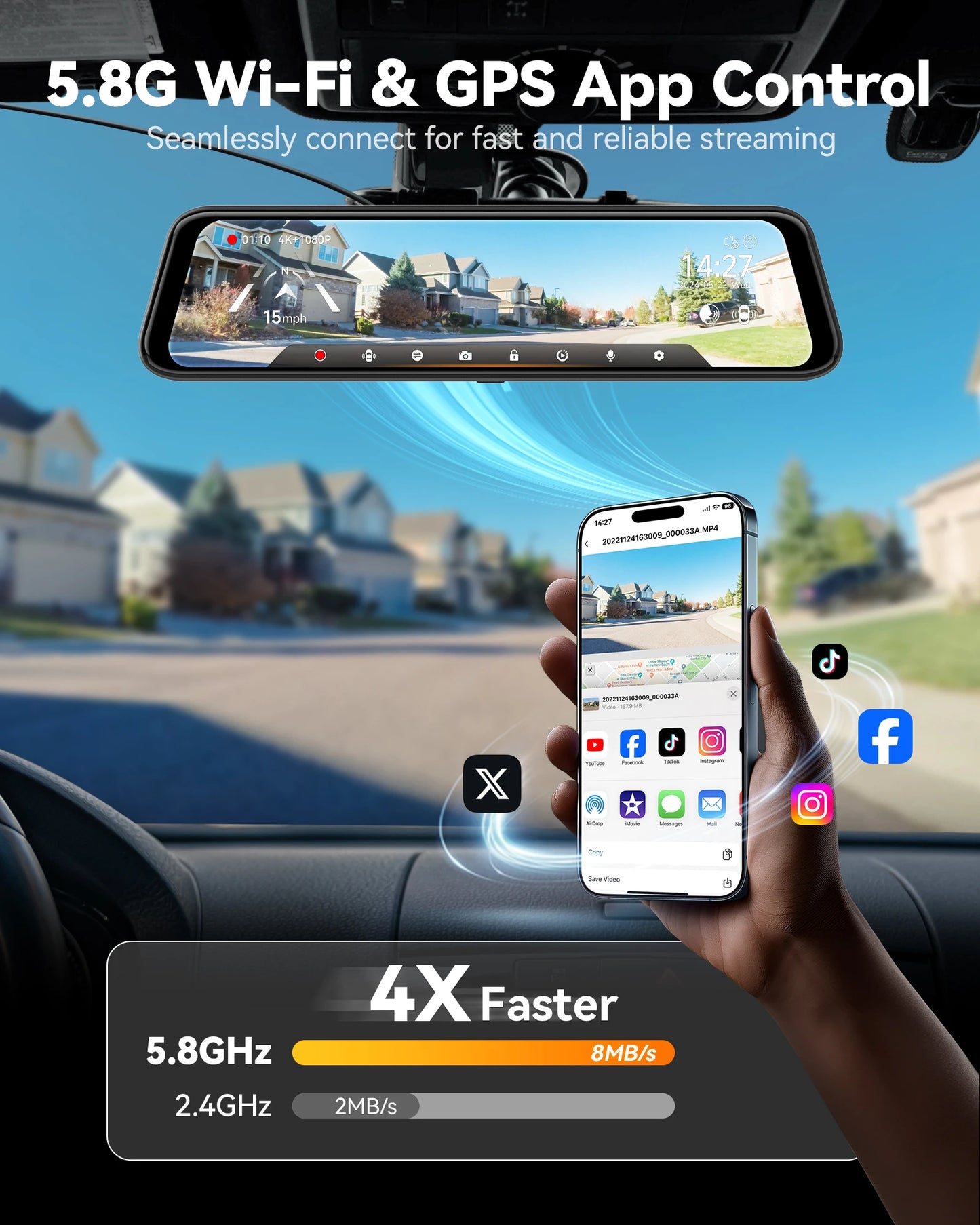 ConnectDrive Spiegel Dashcam 4K mit ADAS und BSD — 12 Zoll, 5,8-GHz-WLAN, GPS