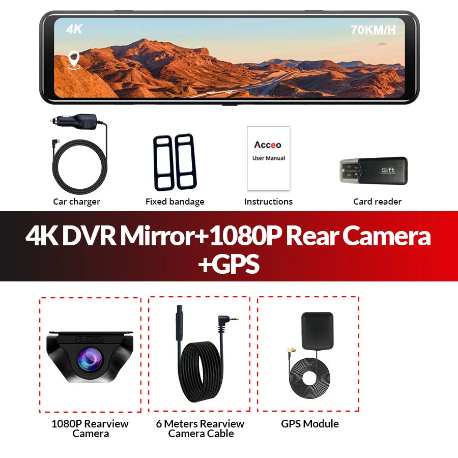 ConnectDrive Spiegel Dashcam 4K GPS — 12 Zoll, Dual-Kamera 6 m oder 10 m