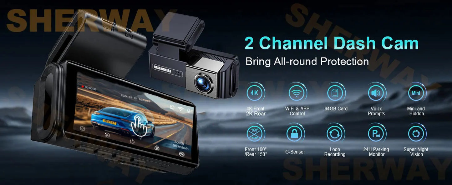 Dashcam 4K + 2K mit 4-Zoll-Touchscreen GPS WiFi — ConnectDrive D4 Touch